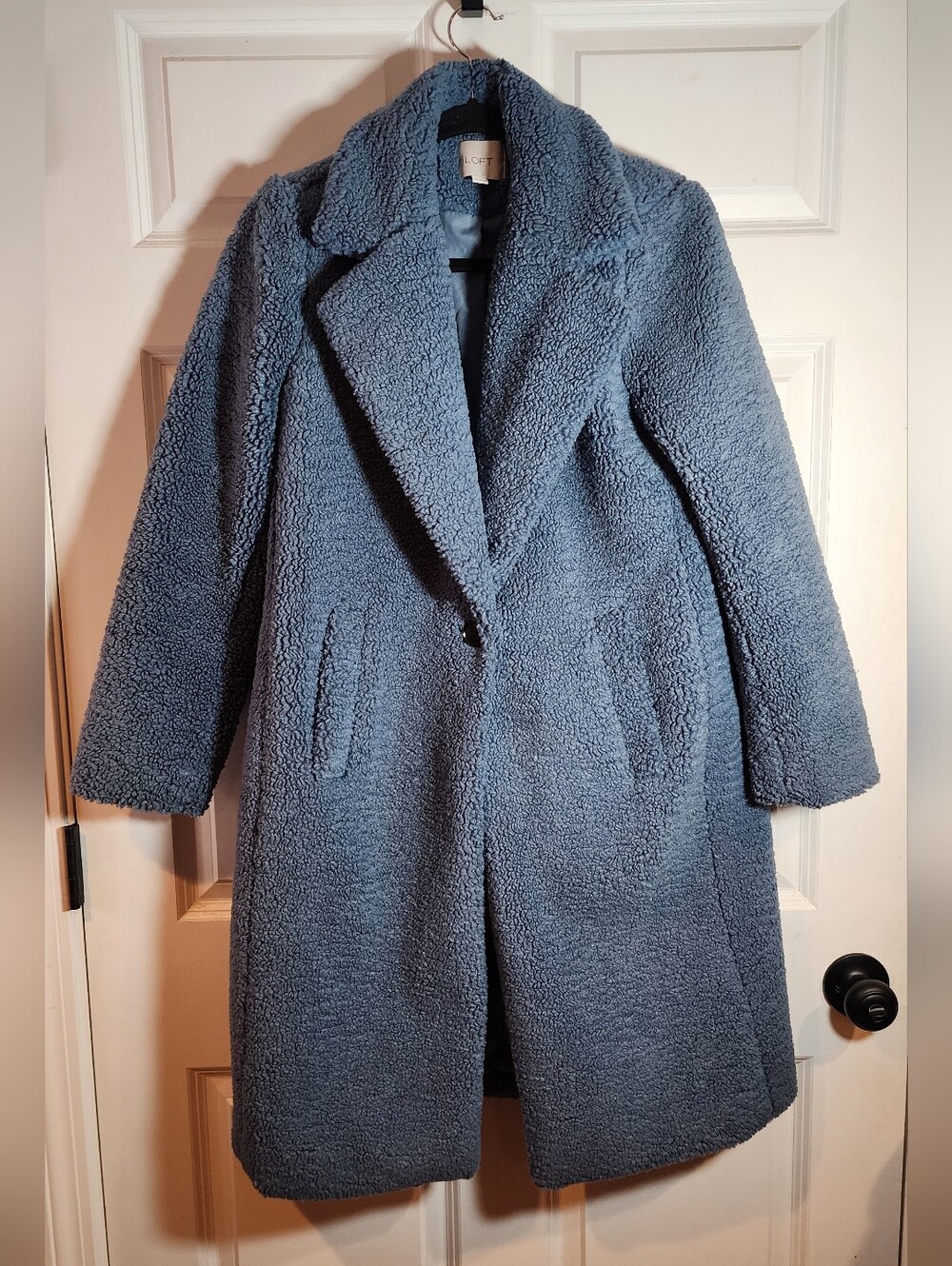 Loft Cozy Blue Teddy Long Coat - Women's Blue Faux Shearling Small
